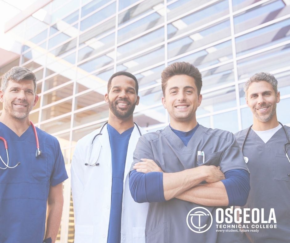 group of men in scrubs as nurses